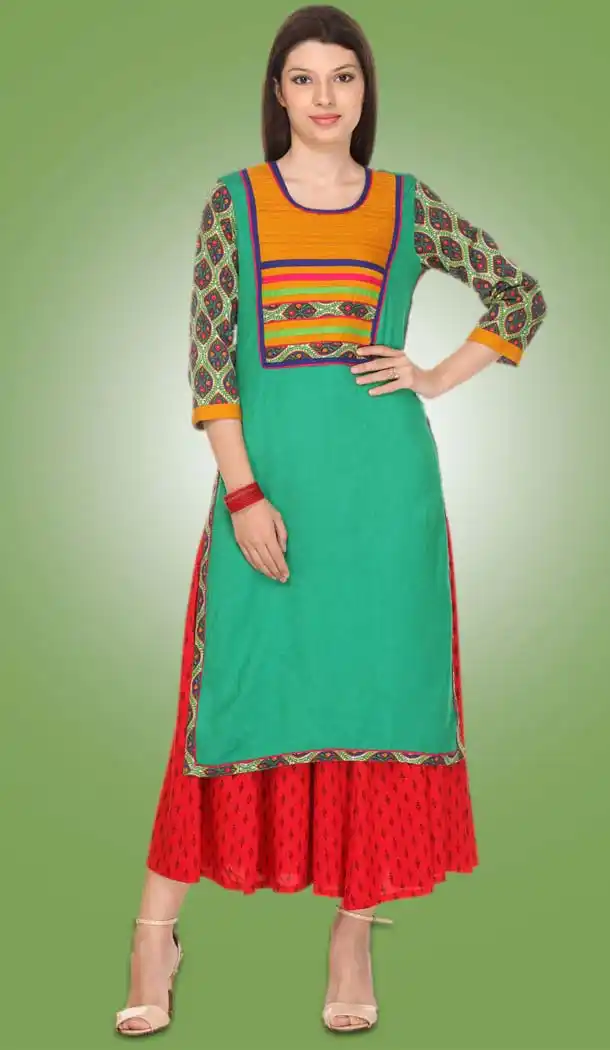 Cotton Fabric Straight Style Readymade Kurtis in Greenish Blue | FH529480020