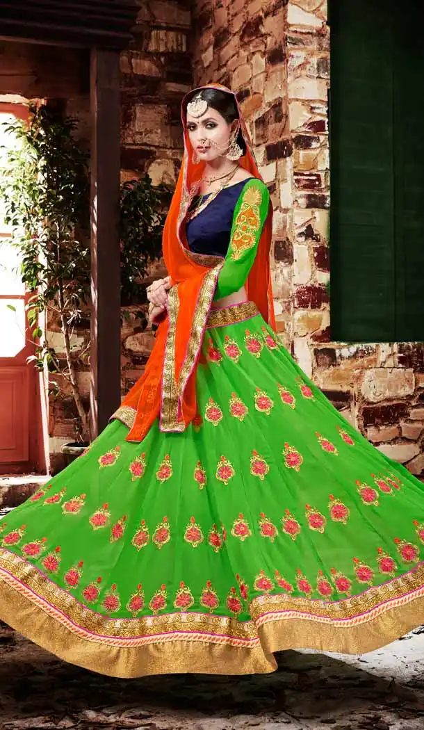 Lime Green Color Georgette Circular Style Occasional Wear Lehenga Choli | FH529780046