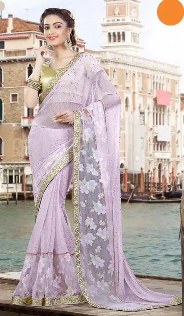 Lavender Color Georgette Treditioanl Wear Saris | FH529880059