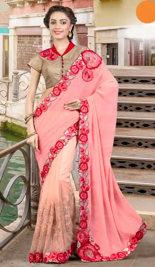 Salmon Color Georgette Treditioanl Wear Saris | FH529880064