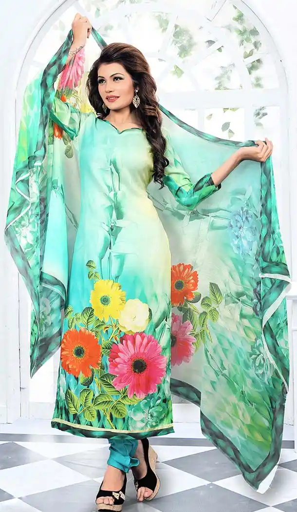 Geometric Print Georgette Fabric Churidar Kameez in Turquoise Color | FH530480131
