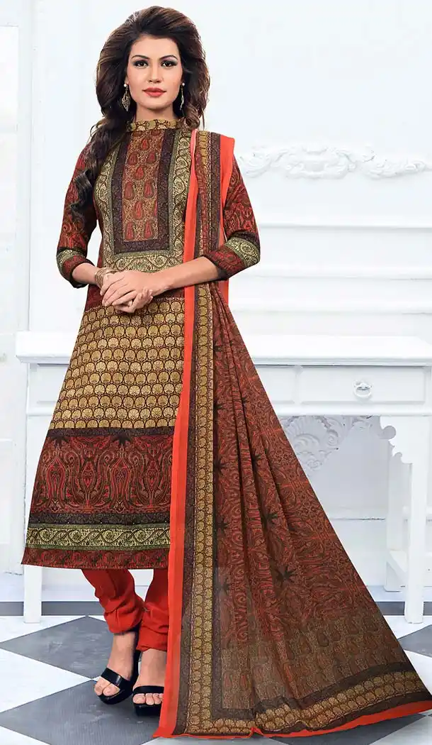 Geometric Print Georgette Fabric Churidar Kameez in Beige Color | FH530480137