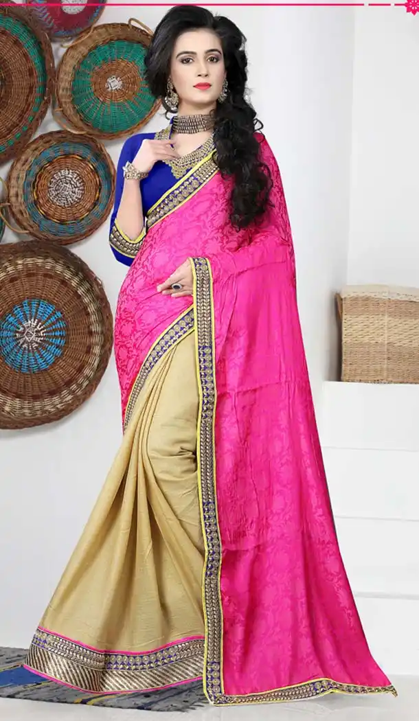 Deep Pink Color Chiffon,Jacquard Casual Wear Saris Blouse | FH530680169