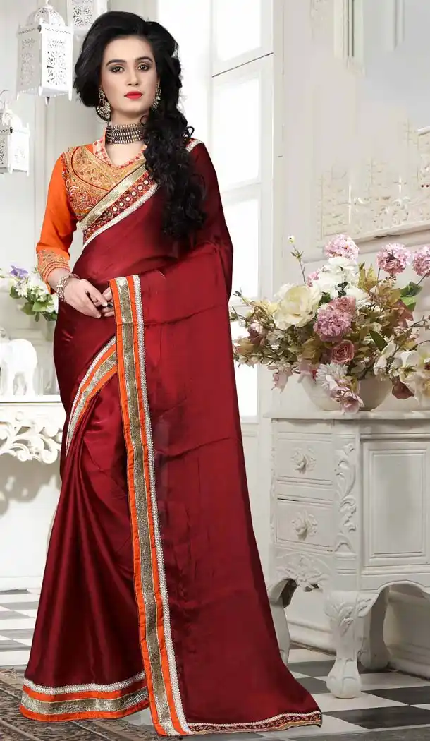 Maroon Color Chiffon,Satin Casual Wear Saris Blouse | FH530680173