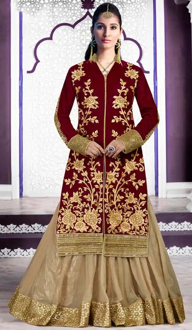 Velvet Designer Wear Lehenga Suits in Maroon Color | FH530980200