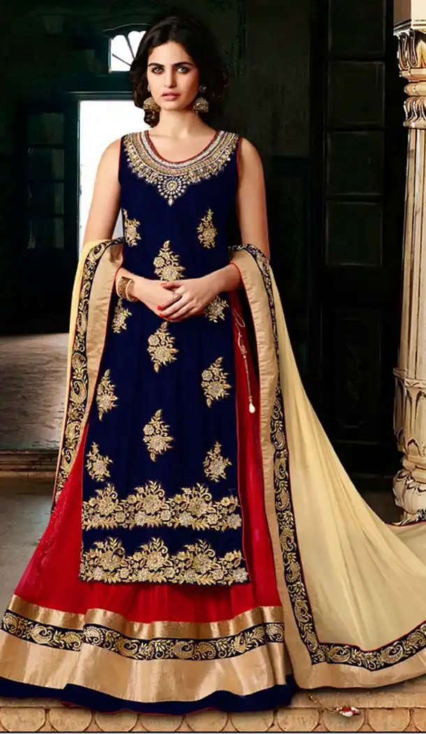 Velvet Designer Wear Lehenga Suits in Deep Blue Color | FH530980208