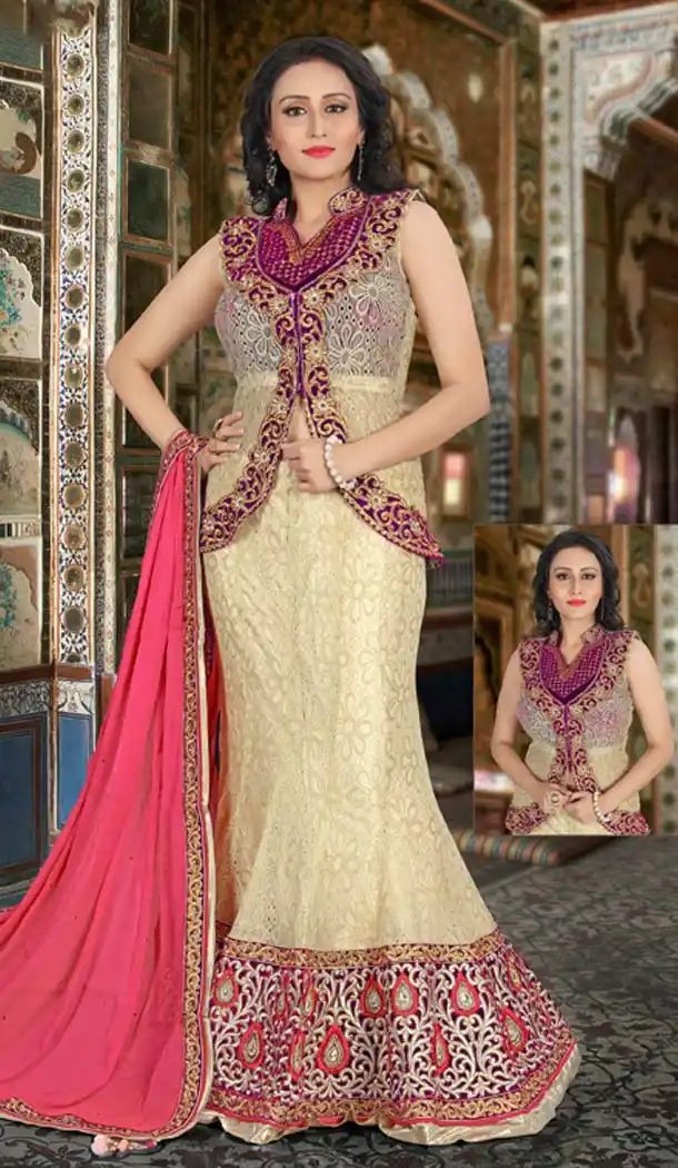 Net,Velvet Designer Wear Lehenga Suits in Cream Color | FH530980211