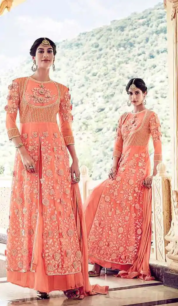 Orange Color Net Achkan Style Lehenga Suit | FH531080082