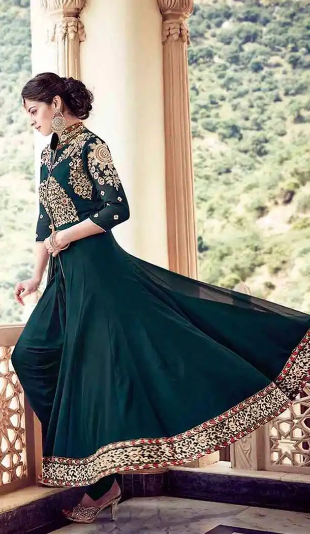 Bottle Green Color Georgette Achkan Style Narrow Pants Suit | FH531080083
