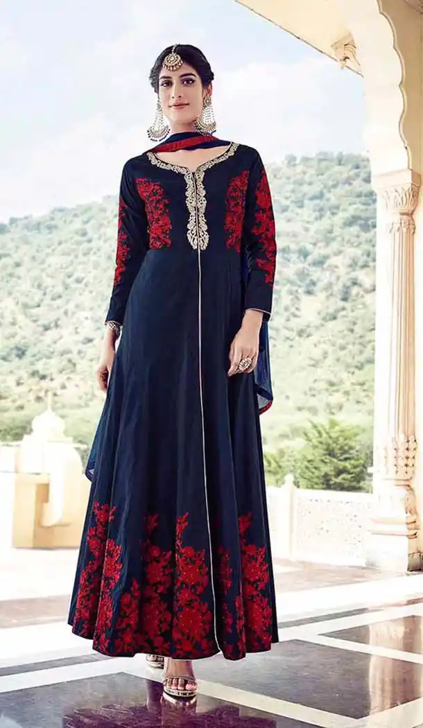Navy Blue Color Silk Anarkali Style Churidar Suit | FH531080085