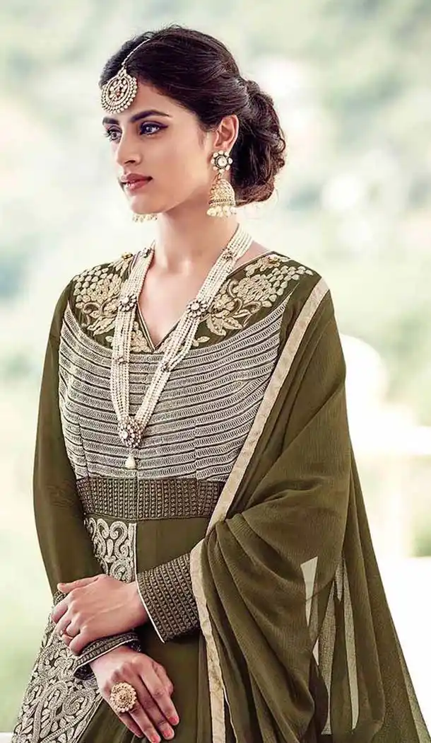 Mehendi Green Color Georgette Anarkali Style Churidar Suit | FH531080086