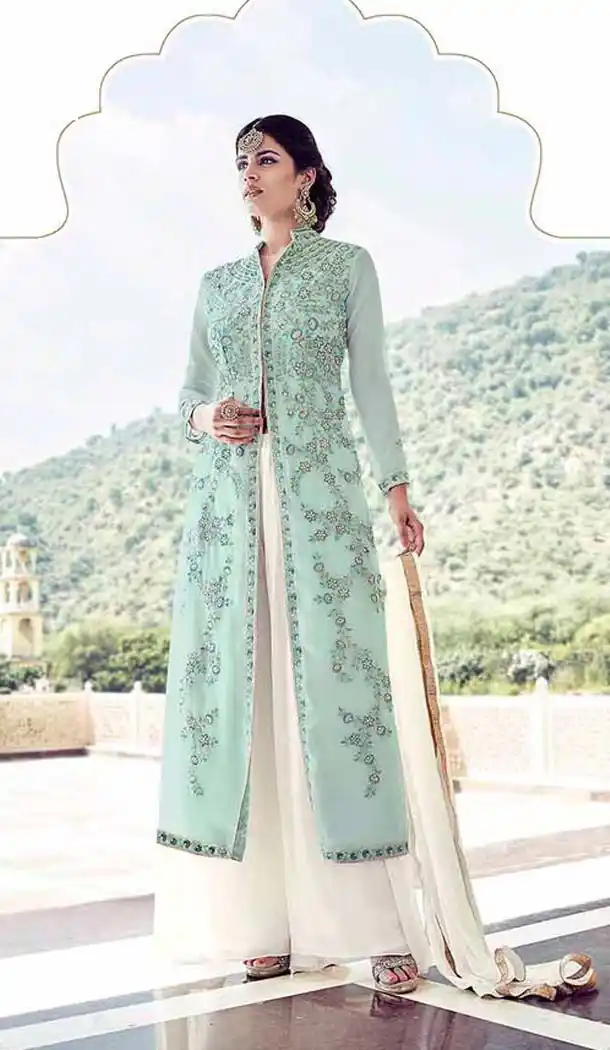 Aloe Vera Green Color Georgette Anarkali Style Palazzo Suit | FH531080087