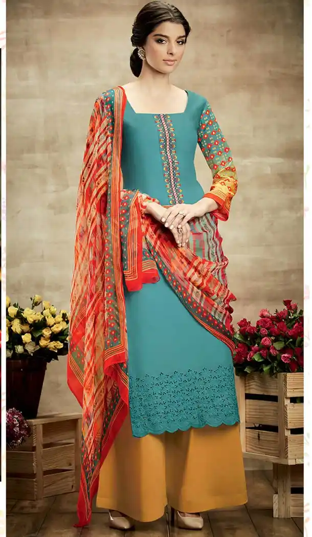Cadet Blue Color Cotton Straight Cut Evening Wear Palazzo Dress | FH531380325