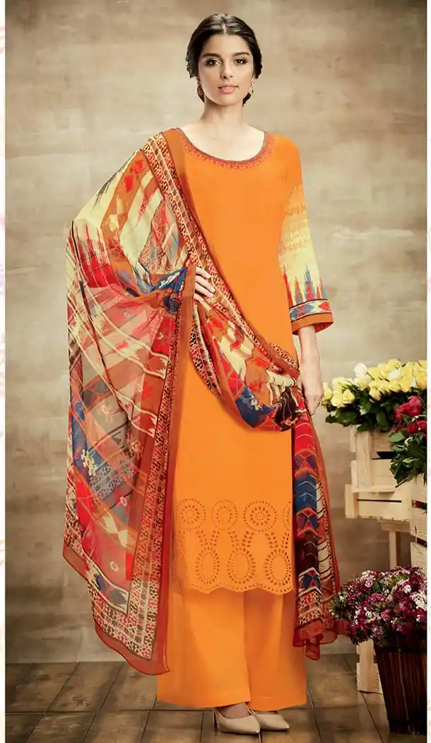 Orange Color Cotton Straight Cut Evening Wear Palazzo Dress | FH531380326