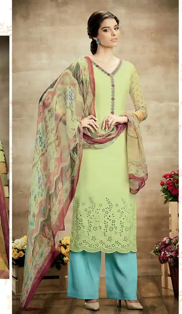 Aloe Vera Green Color Cotton Straight Cut Evening Wear Palazzo Dress | FH531380329