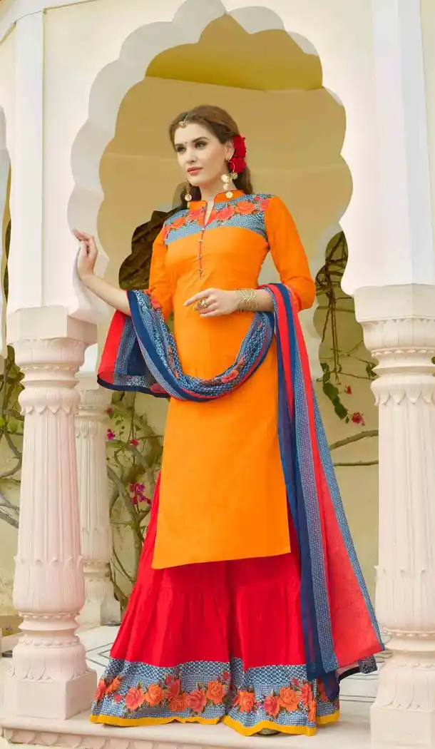 Orange Color Cotton Fabric Printed Lehenga Style Dress | FH531680360