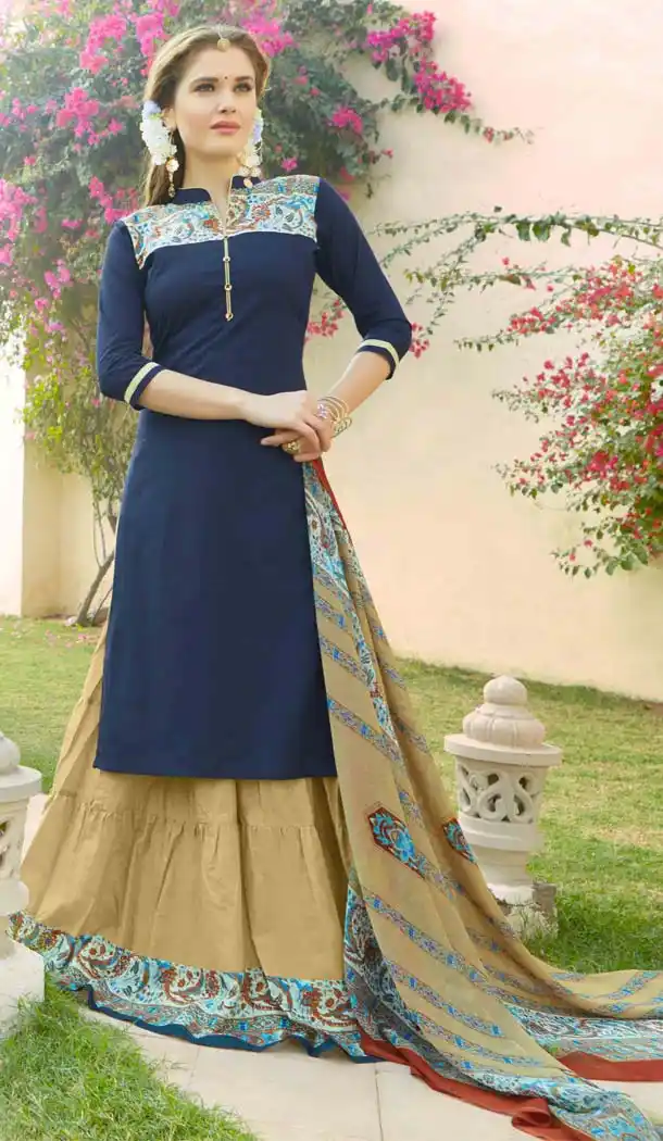 Blue Color Cotton Fabric Printed Lehenga Style Dress | FH531680361