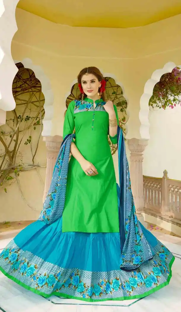 Lime Green Color Cotton Fabric Printed Lehenga Style Dress | FH531680362
