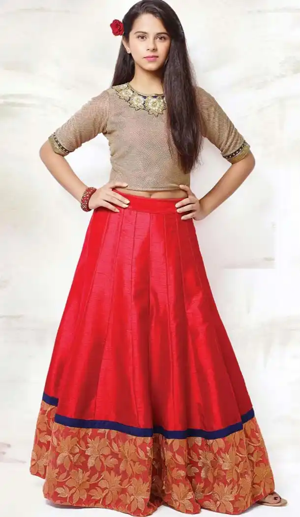 Red Color China Blossom Fabric Party Wear Readymade Kids Girl Lehenga Choli | FH00011001