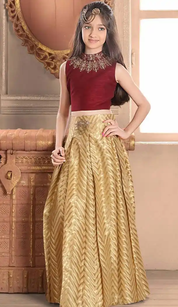 Maroon Color Banglory Silk Fabric Party Wear Readymade Kids Girl Lehenga Choli | FH00011003