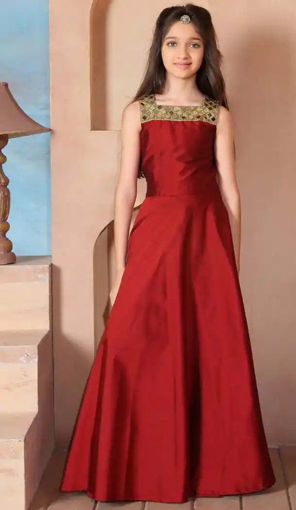 Red Color Taffeta Silk Fabric Party Wear Readymade Kids Girl Gowns | FH00011005