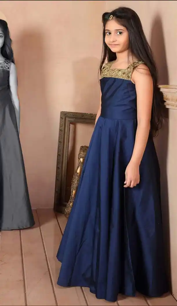 Blue Color Taffeta Silk Fabric Party Wear Readymade Kids Girl Gowns | FH00011006