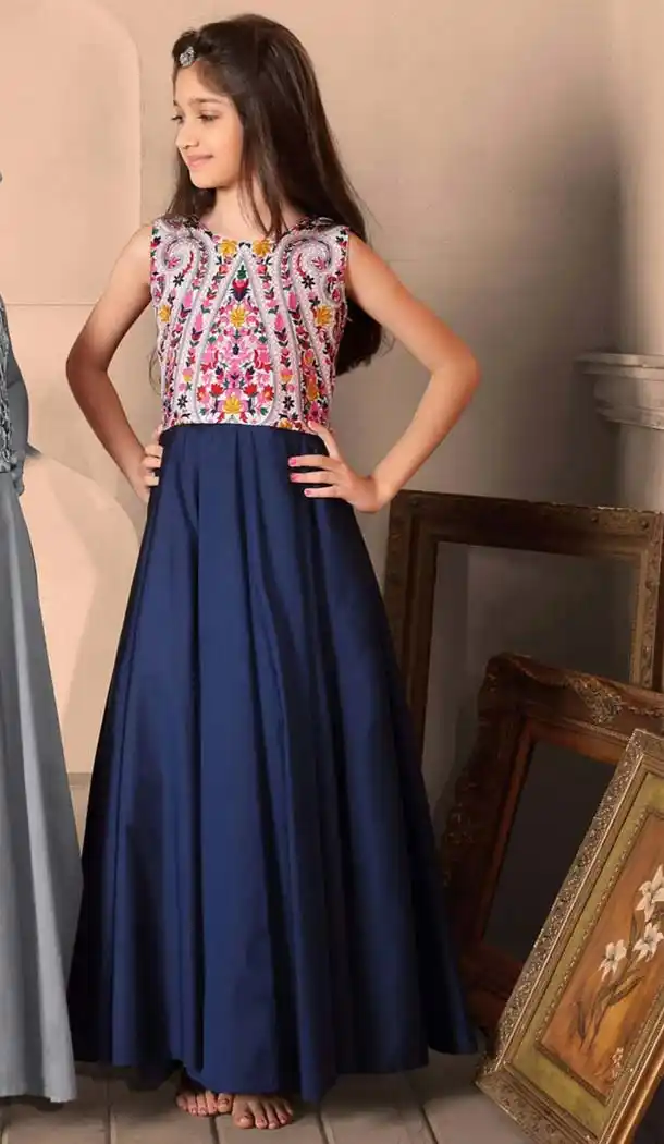 Blue Color Taffeta Silk Fabric Party Wear Readymade Kids Girl Gowns | FH00011007