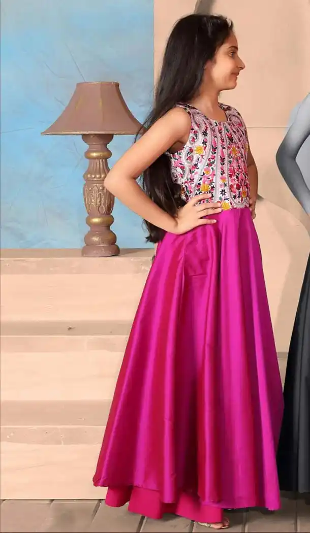 Pink Color Taffeta Silk Fabric Party Wear Readymade Kids Girl Gowns | FH00011008
