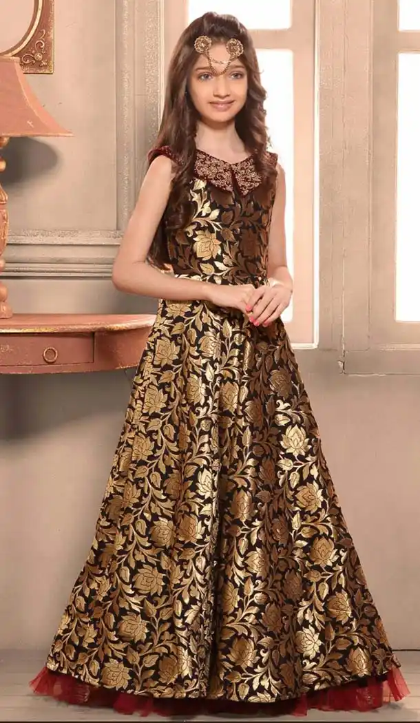 Black and Golden Color Taffeta Jecquard Fabric Readymade Kids Girl Gowns | FH00011009