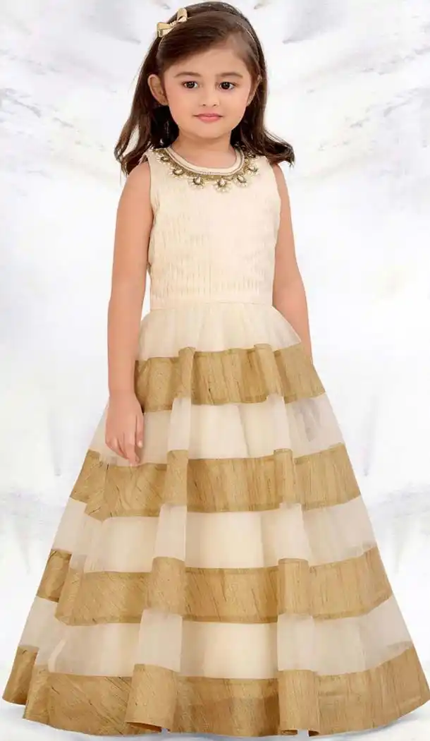 Off White Color Bnaglory Silk, Raw Silk Fabric Readymade Kids Girl Gowns | FH00011010
