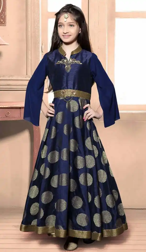 Nevy Blue Color Banglory Silk, Jacquard Fabric Readymade Kids Girl Gowns | FH00011011