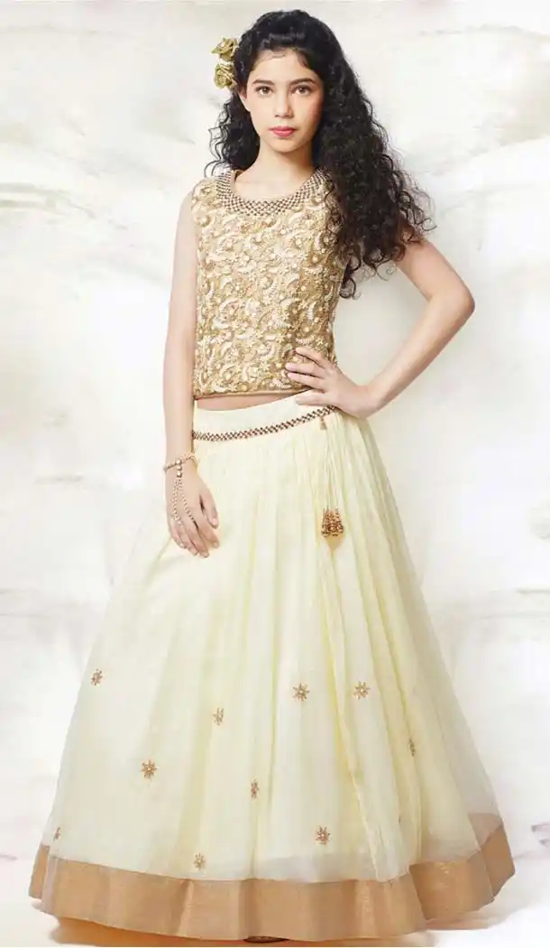 Off White Color Mononet,Silk Fabric Readymade Kids Girl Lehenga Choli | FH00011012