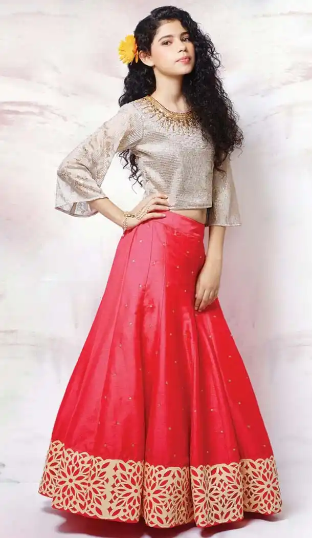 Red Color Paper Silk Fabric Readymade Kids Girl Lehenga Choli | FH00021013