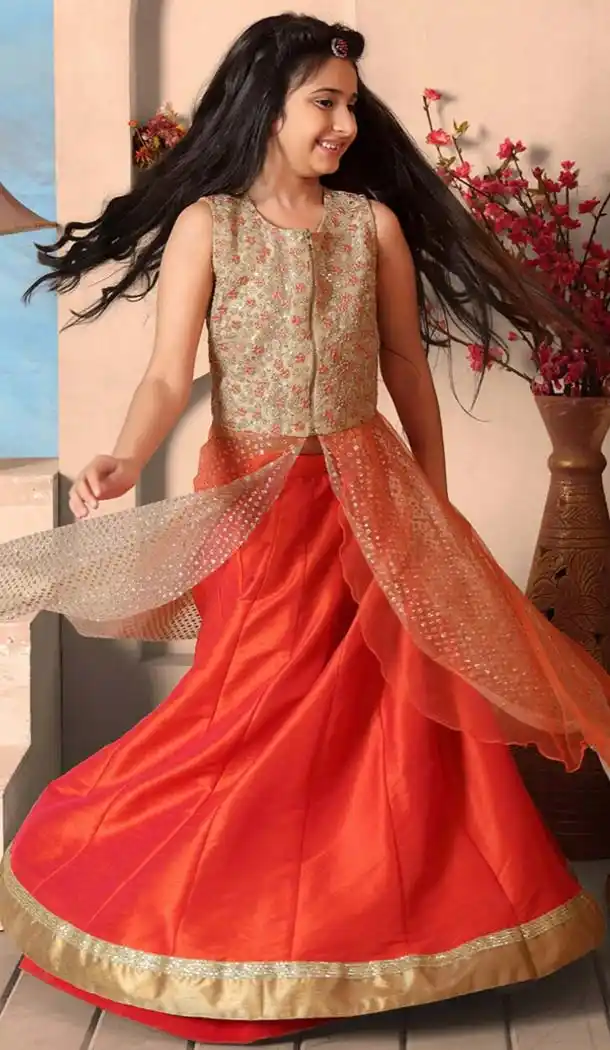 Orange Color Mononet,GlitterFabric Readymade Kids Girl Lehenga Choli | FH00021014