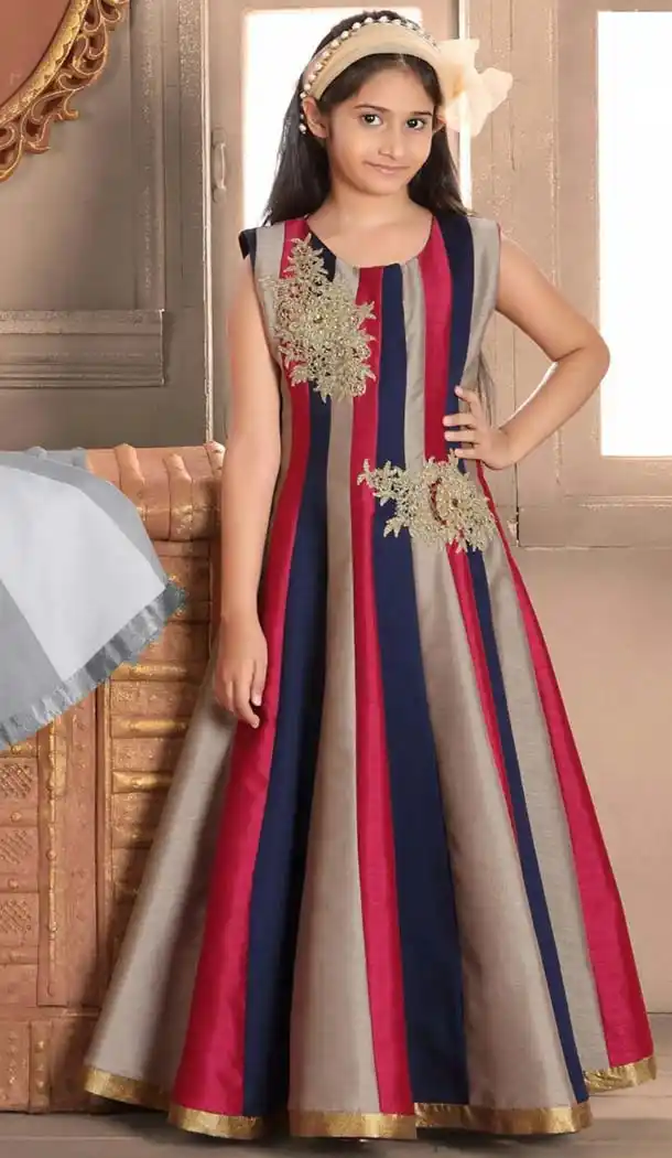 Blue,Pink Color Banasari silk Fabric Readymade Kids Girl Gowns | FH00021015