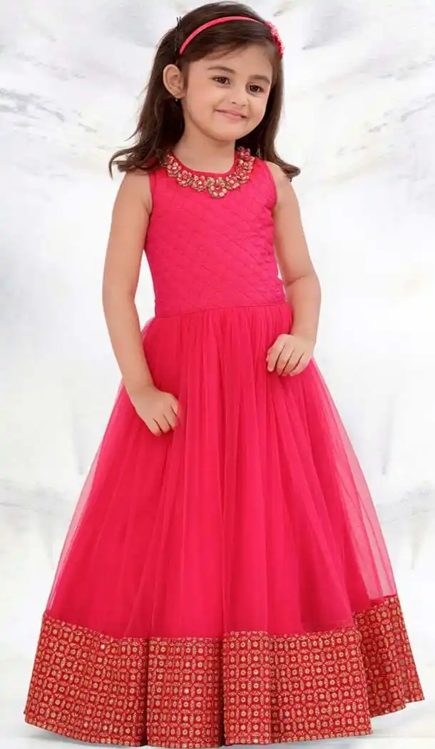 Deep Pink Color Mononet,Silk Fabric Readymade Kids Girl Gowns | FH00021017