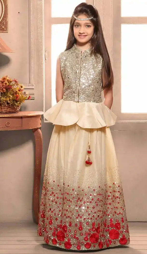 Crem Color Banglory Silk Fabric Readymade Kids Girl Gowns | FH00021018
