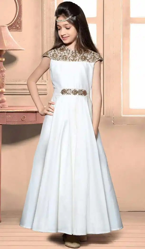White Color Taffeta Silk Fabric Readymade Kids Girl Gowns | FH00021019