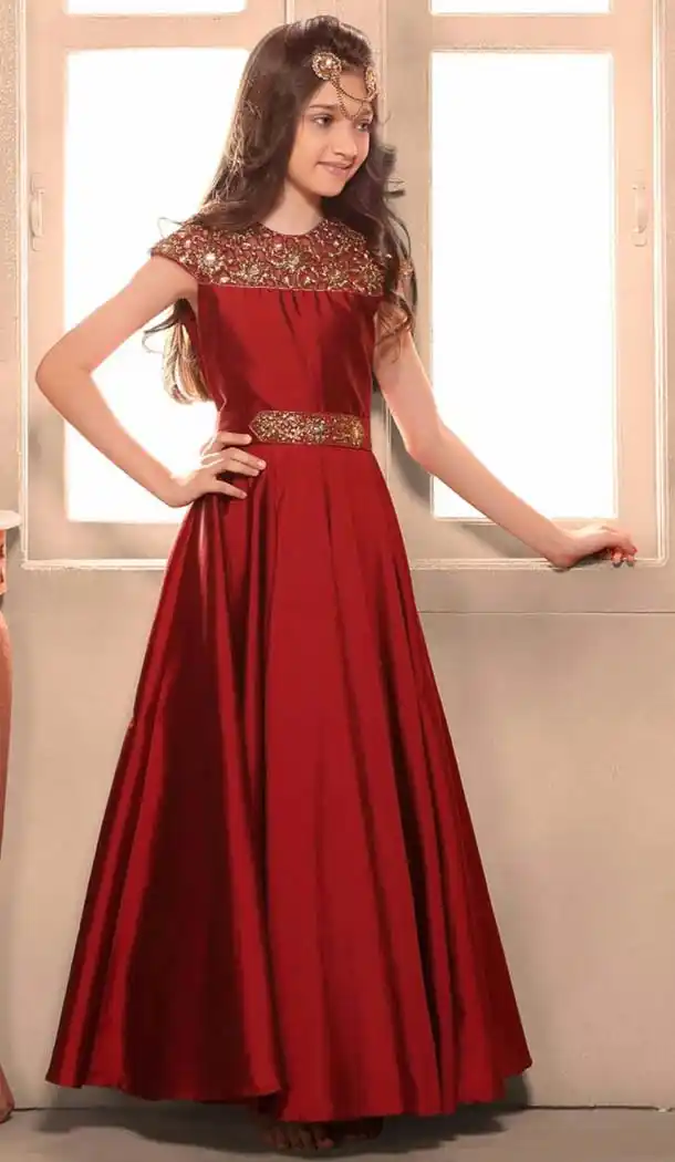 Maroon Color Taffeta Silk Fabric Readymade Kids Girl Gowns | FH00021020