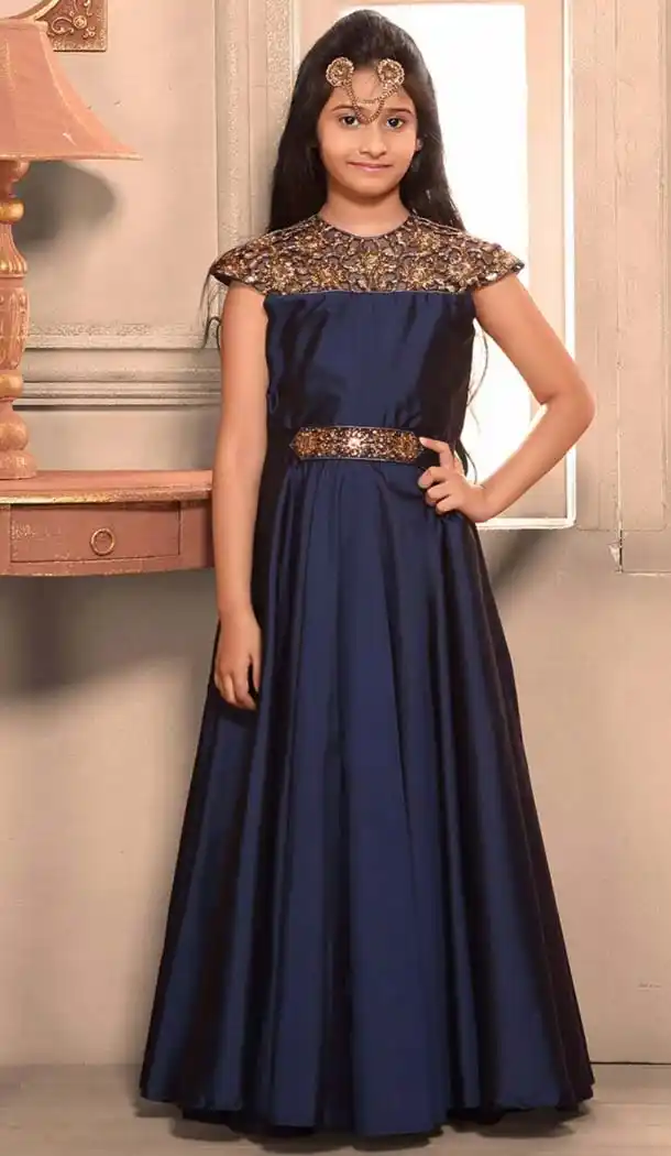 Royal Blue Color Taffeta Silk Fabric Readymade Kids Girl Gowns | FH00021021