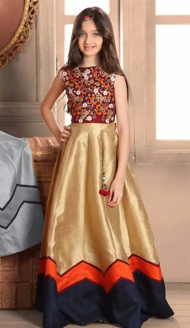 Golden, Blue Color Banglory Silk Fabric Readymade Kids Girl Gowns | FH00021022
