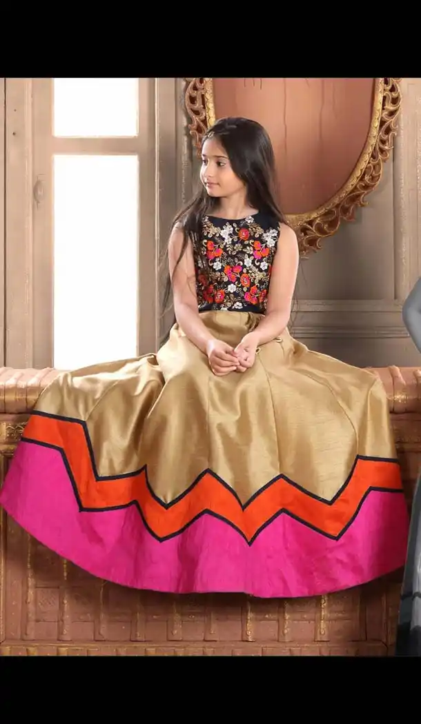 Golden, Pink Color Banglory Silk Fabric Readymade Kids Girl Gowns | FH00021023