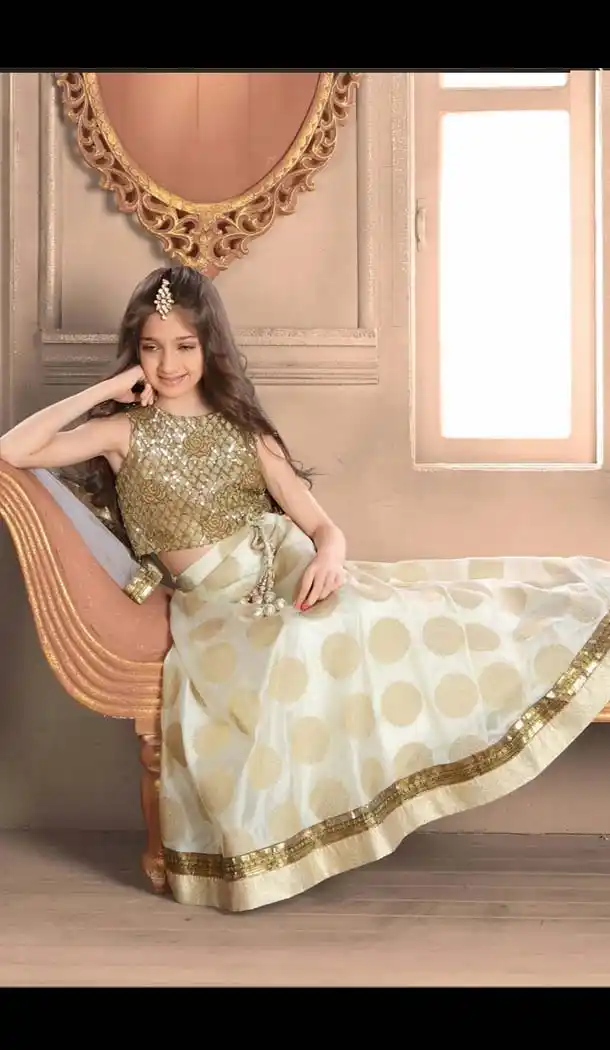 Off White Color Heavy Banarasi Brocade Fabric Readymade Kids Girl Gowns | FH00021024