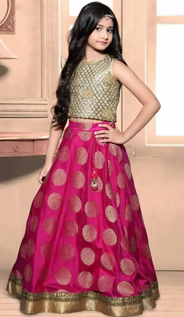 Pink Color Heavy Banarasi Brocade Fabric Readymade Kids Girl Gowns | FH00021025