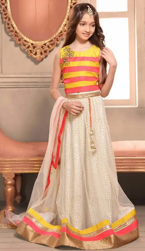 Yallow Color Bhagalpori Silk Fabric Readymade Kids Girl Lehenga Choli | FH00031026