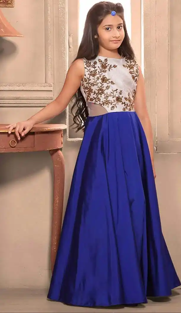 Royal Blue Color Taffeta Silk Fabric Readymade Kids Girl Gowns  | FH00031028