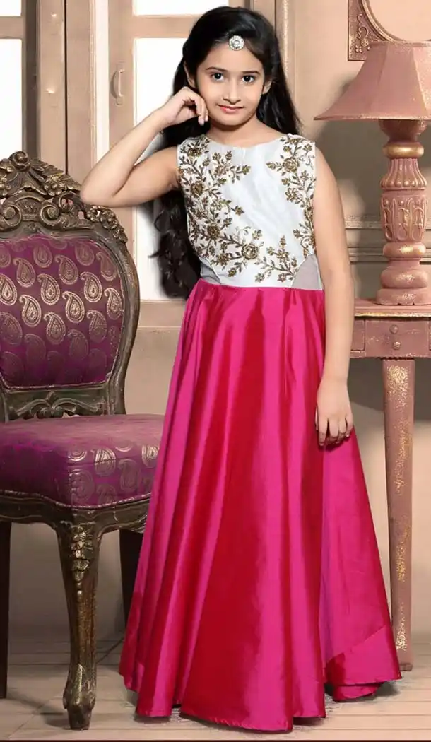 Pink Color Taffeta Silk Fabric Readymade Kids Girl Gowns | FH00031029