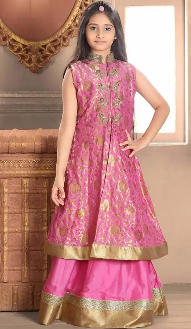 Rose Pink Color Taffeta Jacquard Fabric Readymade Kids Girl Lehenga Choli | FH00031030