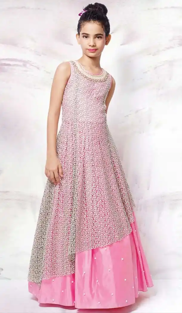 Rose Pink Color China Mushroom Net Fabric Readymade Kids Girl Gowns | FH00031031