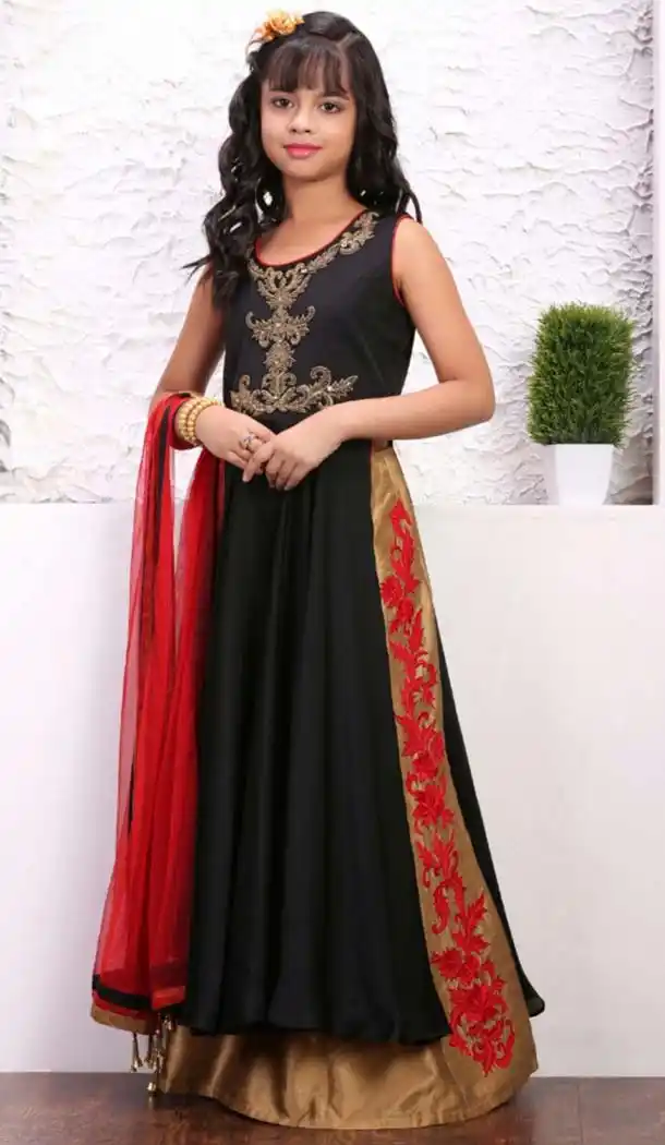 Black Color Taffera Silk Fabric Readymade Kids Girl Lehenga Choli | FH00031034